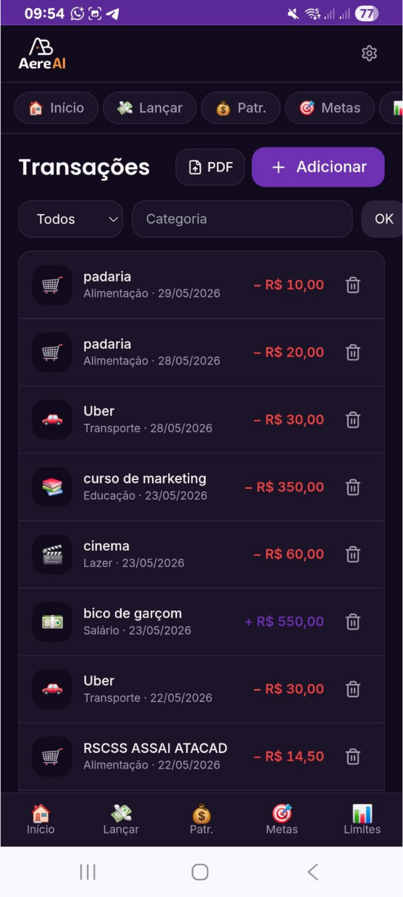 Tela de transações